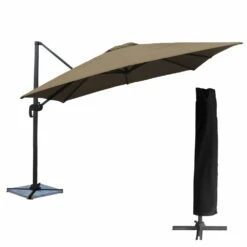 Devant 11 Oahu - Parasol Déporté Avec Housse De Rangement - Inclinable Rotatif Et Rabattable - Protection Uv - Ouverture Facile - Taupe 3x3m